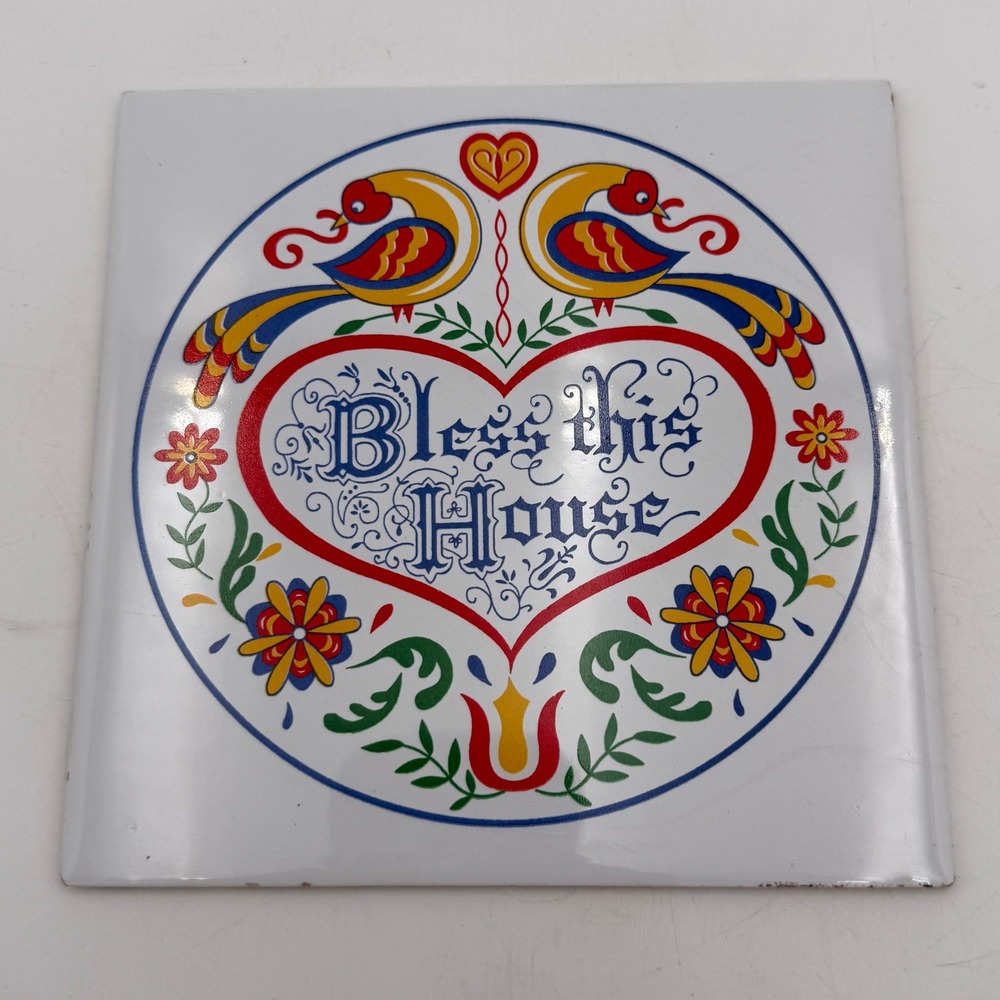 Vintage Pennsylvania Dutch Bless This House Ceramic Tile Folk Art 6x6 Inch